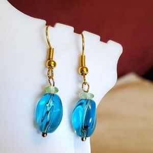 Gold Tone Hook Blue Plastic Bead Dangle Earrings